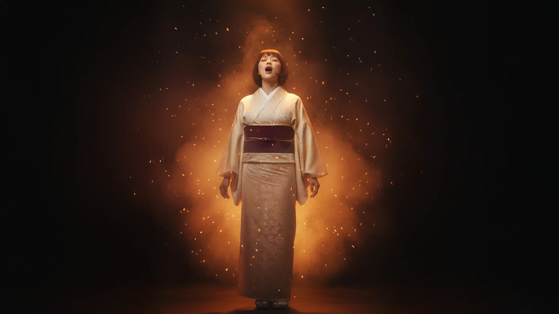Mio sings surrounded by glowing embers