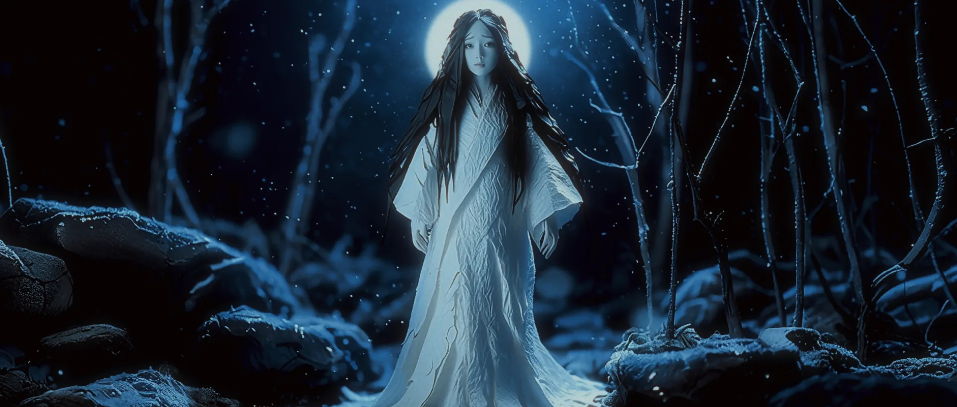 A spectral woman in white stands beneath the moon in a snowy forest
