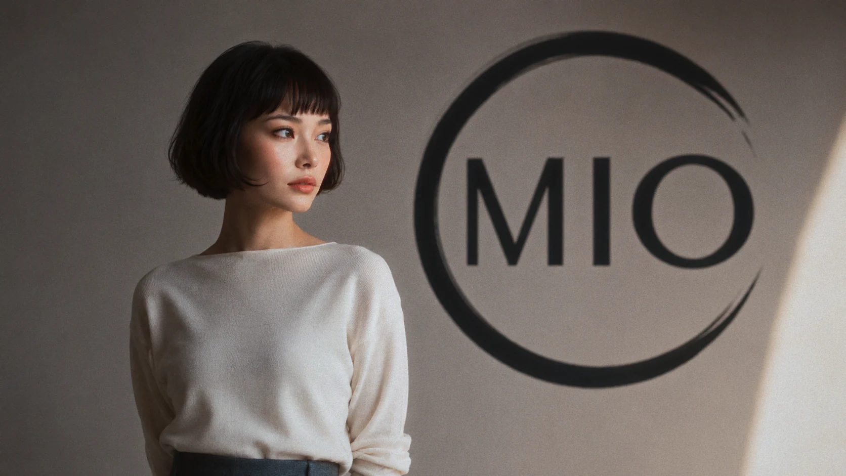 Mio standing beside her circular logo